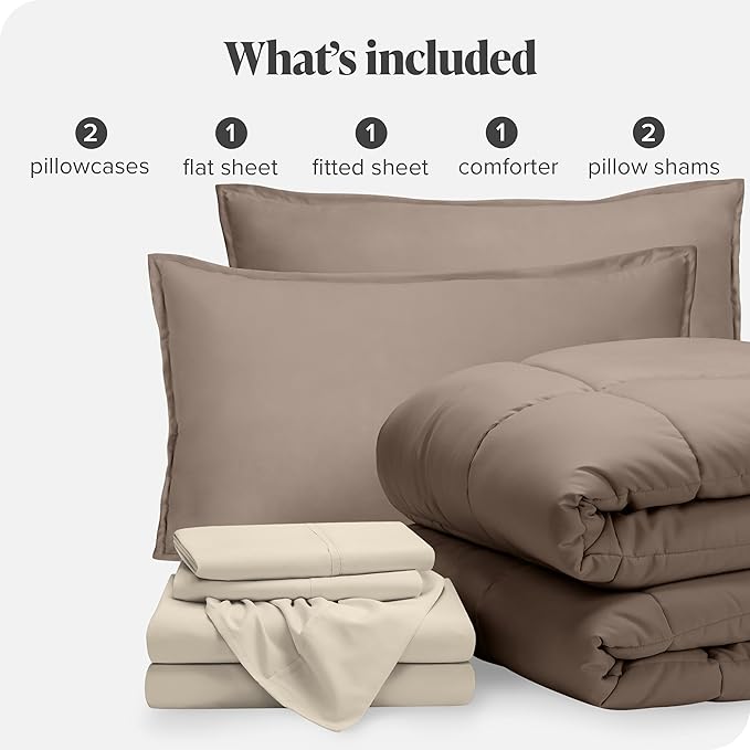 Bare Home Bed-in-A-Bag 7 Piece Comforter & Sheet Set - King - Goose Down Alternative - Ultra-Soft 1800 Premium - Bed Set (King, Taupe/Sand)