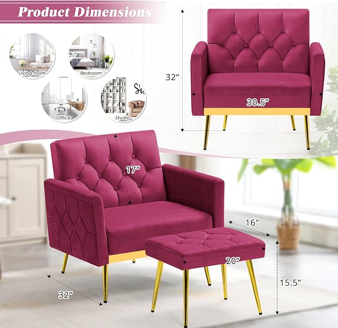 ACMEASE Velvet Accent Chair w/Adjustable Armrests and Backrests, Tufted Single Sofa with Ottoman, Upholstered Reading Chiar for Living Room, Apartment, Bedroom, Fuchsia