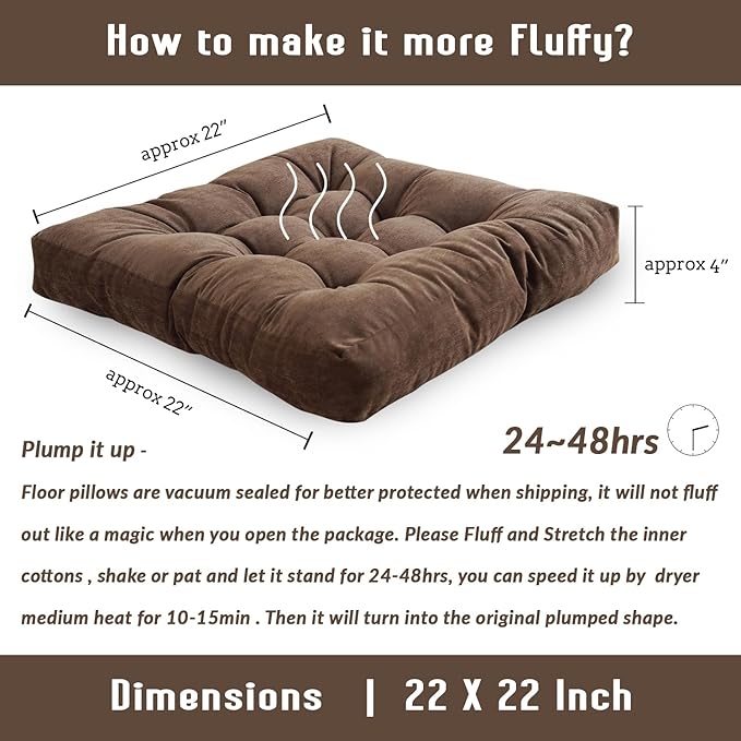 Square Floor Seat Pillows Cushions 22" x 22", Soft Thicken Yoga Meditation Cushion Pouf Tufted Corduroy Tatami Floor Pillow Reading Cushion Chair Pad Casual Seating for Adults & Kids, Coffee