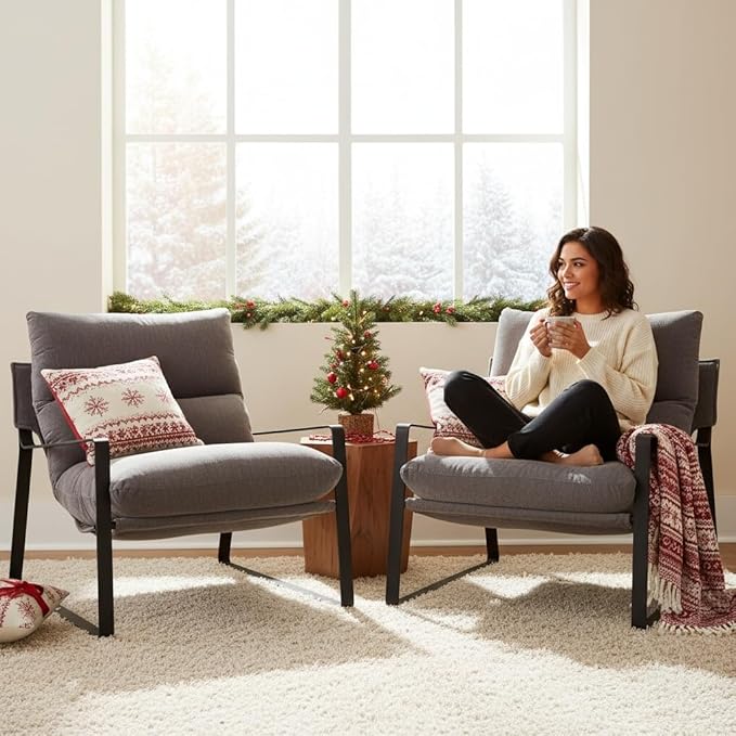 LukeAlon Modern Linen Accent Armchairs Set of 2, Upholstered Living Room Chairs with Metal Base Thickened Cushion Single Sofa Chairs Comfy Lounge Chairs for Bedroom Living Room, Grey