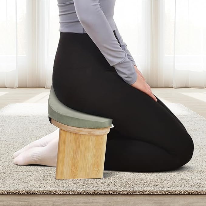 LYNICESHOP Meditation Bench,Foldable and Ergonomic Meditation Stool for Yoga and Prayer, Portable Kneeling Bench with Cushion,Comfortable Seiza and Cross-Legged Sitting (Coffee/Gray/Green) (Green)