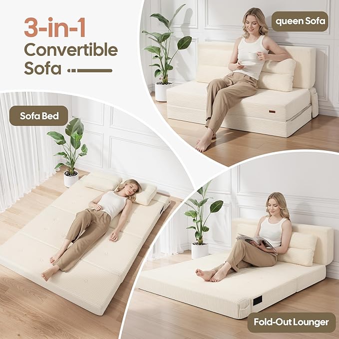 COMAX Folding Sofa Bed, Foldable Couch for Bedroom, Convertible Floor Sleeper Futon Chair Foam, Corduroy 3 in 1 Fold Out Chair Portable Comfy Lounge Couch Sofa Bed for Small Space, Full, Beige