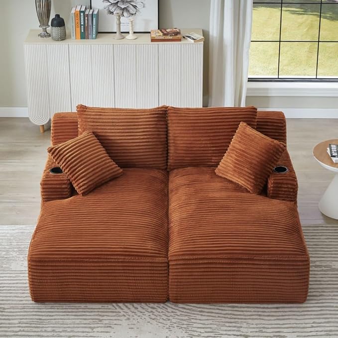 71" Oversized Double Chaise Lounge Sofa Indoor Boneless Sleeper Daybed, Fluffy Corduroy Upholstered Compressed Cloud Couch Loveseat Sofabed, Floor Chair w/Cupholders, Side Pockets for Living Room