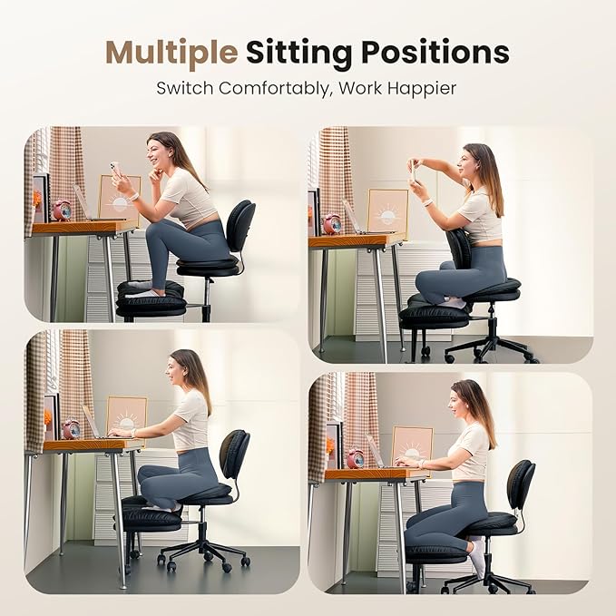Cross Legged Office Chair, Ergonomic Cloud Criss Cross Desk Chair, Meditation Chair with Wheels, Height Adjustable Seat for ADHD, Wide Kneeling Chair with Back Support, Black