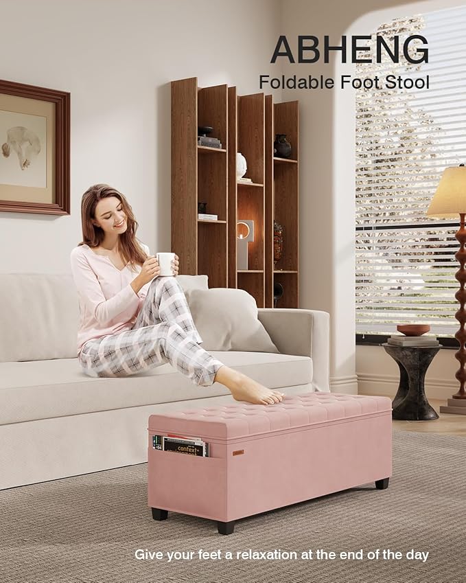 ABHENG Velvet Storage Ottoman Bench, End of Bed Bench with Legs, Large Entryway Bench, Foot Rest Stool, Tea Table for Bedroom, Living Room, Loads 770 lb, 15.7"L x 43"W x 15.7"H, Jelly Pink, UASND62P