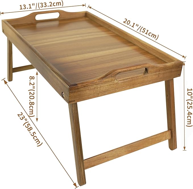 Utoplike Acacia Bed Tray Table for Eating, Large Breakfast Tray with Folding Legs, Wood Serving Trays for Laptop Working
