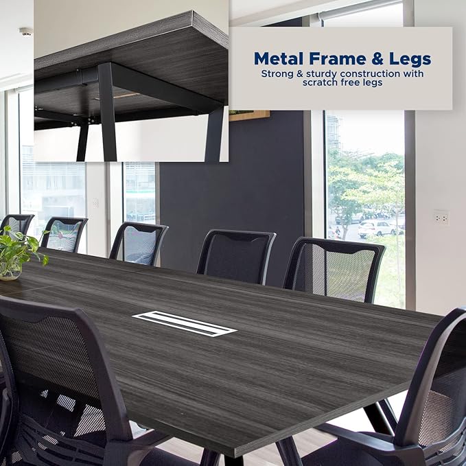 ahliss Sturdy Conference Table with Cable Management Grommets Modern Rectangle Office Meeting Table with Wood Tabletop and Metal Frame & Legs- Easy Assembly Boardroom Table (Grey, 10 Foot)