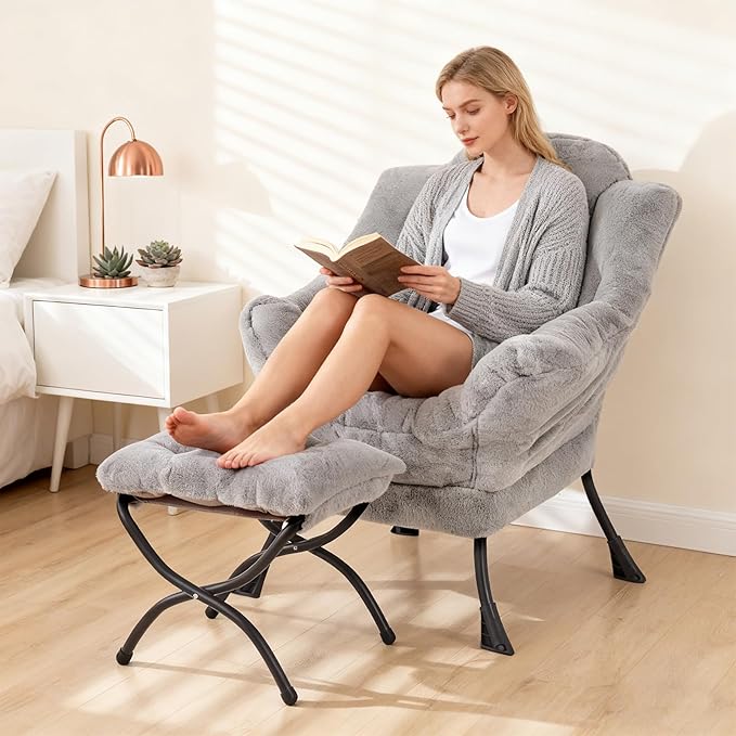 Welnow Lazy Chair with Ottoman, Modern Lounge Accent Chair with Armrests and a Side Pocket, Leisure Sofa Armchair, Reading Armchair with Footrest for Small Space, Plush Grey