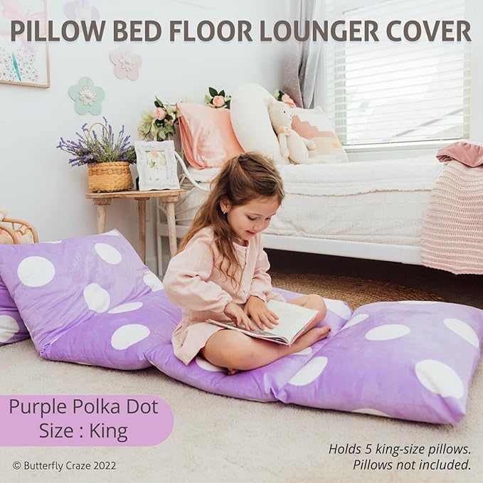 Butterfly Craze Floor Pillow Case, Mattress Bed Lounger Cover, Purple, King Size - Cozy Seating Solution for Kids Ages 3-14, Recliner Cushion, Perfect for Reading, TV Time (Pillow Not Included)