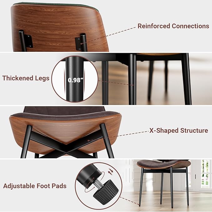YaFiti Dining Chairs Set of 6, Dining Room and Kitchen Chairs, Mid Century Modern Accent Chair, Upholstered PU Leather Chairs for Vanity with Walnut Bentwood and Metal Legs, Brown