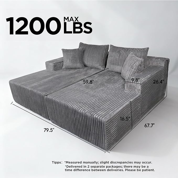SYTOPIA Loveseat Chaise Lounge with Armrests, Oversized Sofa Bed with 4 Pillows, Cozy Boneless Sleeper, Modular Sectional Couch for Living Room Bedroom, Floor Chair Furniture sala Corduroy, Urban Grey