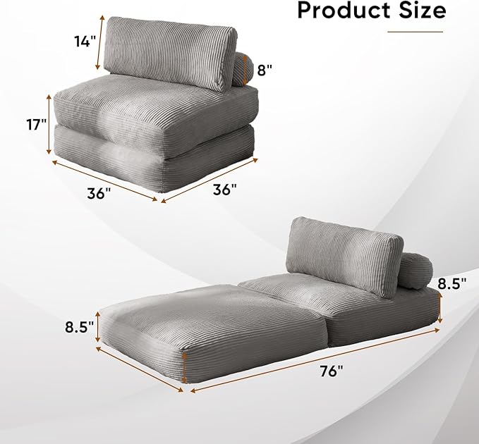 Waxberry Folding Sofa Bed, Convertible Sleeper Chair Couch Bed, Corduroy Upholstered Boneless Sofa for Living Room Bedroom, with Back Support Floor Couch, Dark Grey