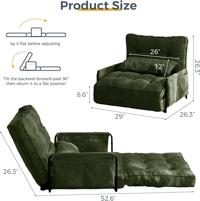MAXYOYO Adjustable Floor Sofa Couch with Pillow, Multi-Functional Bean Bag Bed, 5-Position Foldable Lazy Sofa Sleeper Bed with Armrest, Versatile Floor Seating for Reading, Dark Green, Single