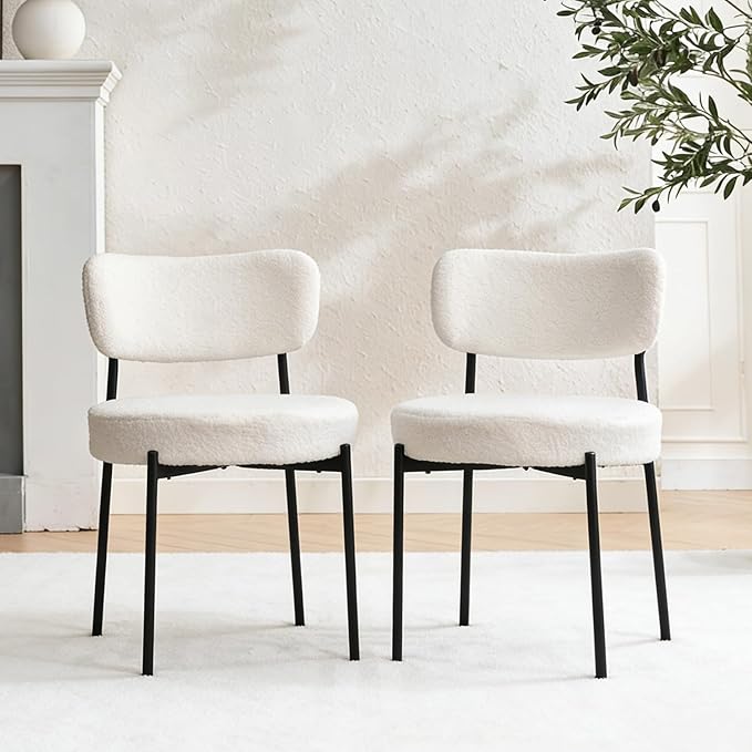 Stabrech White Boucle Dining Chairs Set of 2, Upholstered Dinner Chair with Metal Frame, Dining Room Chairs with Padded Seat, Round Modern Seating for Living Room