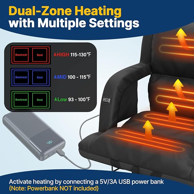DEKEMASTER Heated Stadium Seats for Bleachers with Back Support Exclusive Sofa Style Design with Extra Thick Back and Cushion, Bleacher Chairs, 6 Reclining Positions for Sport Events Camping