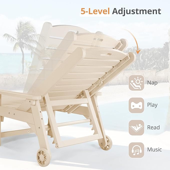 LUE BONA Chaise Lounge Chair with Table, 6-Piece, HDPS Chaise Lounger, 5 Positions Adjustable Lounge Chairs, Pool Lounge Chair with Wheels for Poolside, Backyard, Sand