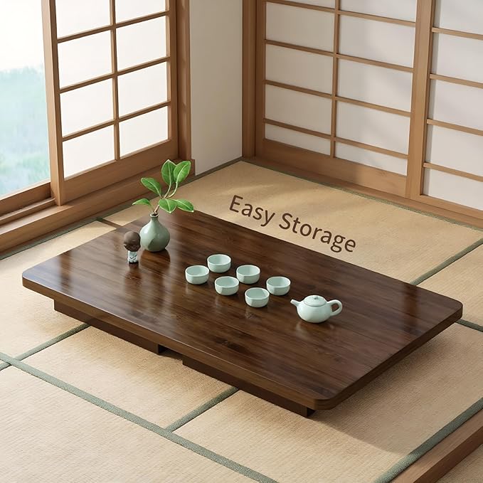 BitMit Japanese Foldable Floor Table,Portable Solid Wood Japanese Folding Coffee Table, No Assembly Table for Sitting on The Floor,Tea Table for Tatami,Living Room,Bedroom,Small Space（31.5in）
