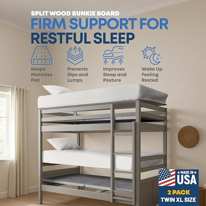 Greaton, Premium 38mm Split Wood Bunkie Board Twin XL Size Bed Frames - 2-Piece Under Mattress Support Board, Fully Assembled, Fabric Ventilation Cover - Replaces Wooden Slats or Box Spring(Pack of 2)