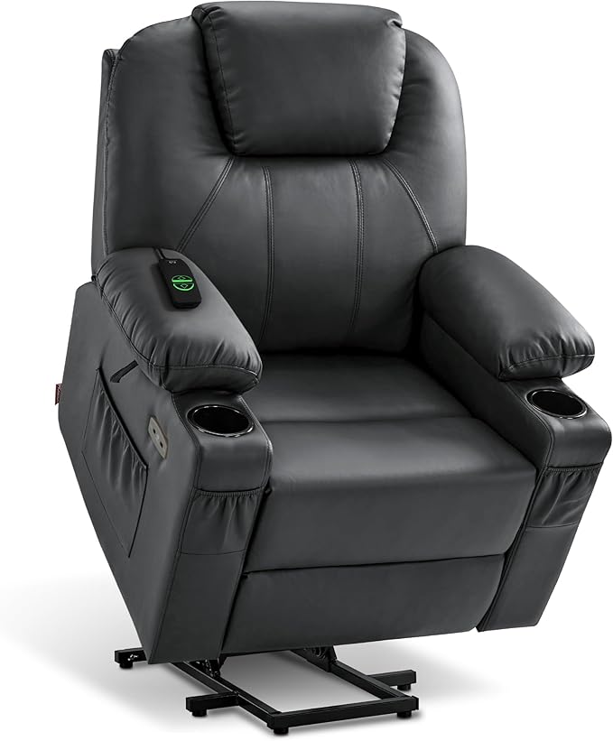 MCombo Large Power Lift Recliner Chair with Massage and Heat for Tall Elderly People, 3 Positions, Cup Holders, and USB Ports, Faux Leather 7516 (Large, Black)