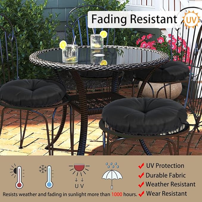 Magpie Fabrics Outdoor 15"x15"x4" Round Bistro Seat Cushions with Ties Set of 2, Tufted Waterproof Patio Floor Chair Pads for Home Garden Balcony Kitchen Office Porch, Black