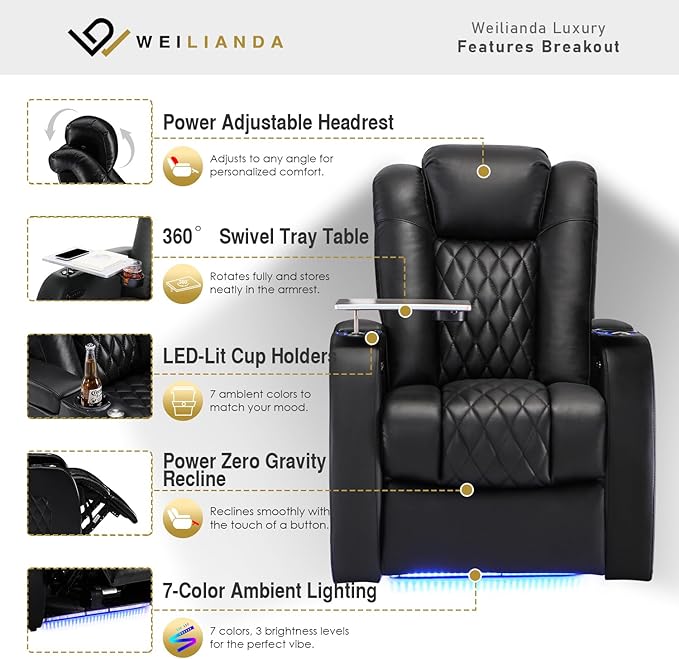 Weilianda Home Theater Seating Top Grain Leather Zero Gravity Recliner Chair Power Headrest Recline Movie Seat Gaming 7 Colors Mood Light Sofa with Tray Table USB Charge Row of 6 Black