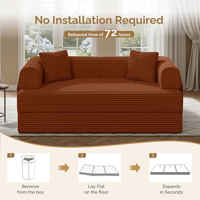 Convertible Corduroy Sleeper Sofa Bed with Cylindrical Pillow, Folding Mattress Couch with Fixed-Shape Frame, Floor Sofa Lounge Couch for Living Room Bedroom Lounge Studio, Red Brown