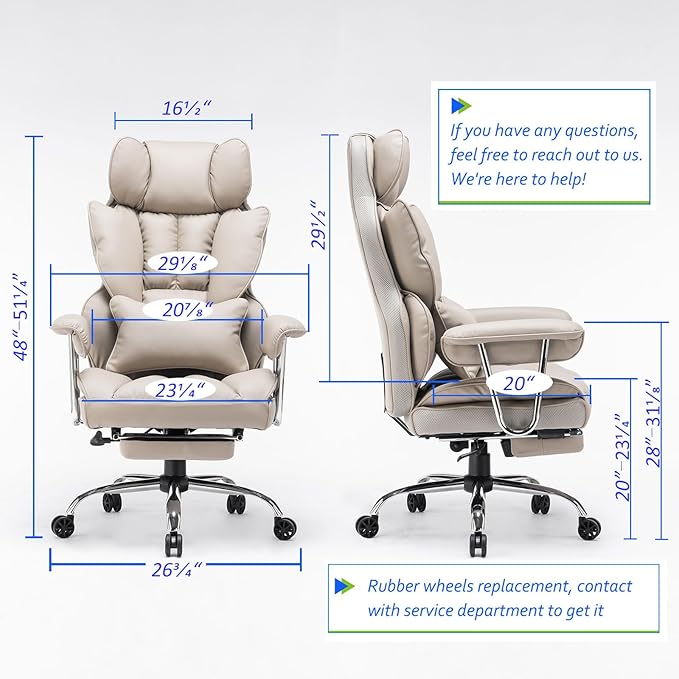 Efomao 400lbs Big and Tall Office Chair - 23.5" Wide Seat PU Leather Executive Desk Chair with Footrest, Heavy Duty Thickened Mechanism Computer Chair, Grey
