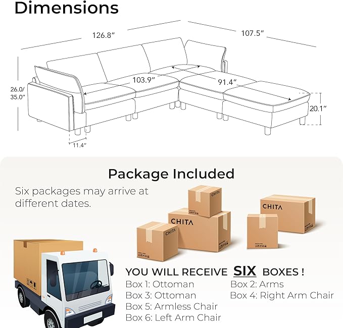 CHITA 127" Super Large Sectional Couches for Living Room, Modular Cloud Couch Sectional Sofa, Premium Genuine Leather Sofa, Down Filled, High Density Foam, Real Leather in Saddle, 5 Seat U Shaped