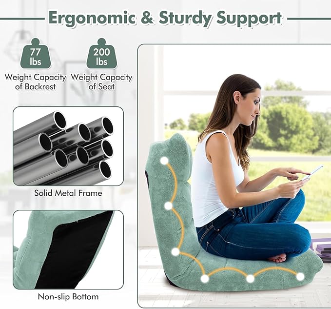 KOMFOTT 14-Position Adjustable Floor Chair with Back Support, Folding Padded Gaming Sofa for Reading, Meditation, Living Room Lazy Lounge, Video Gaming, Green
