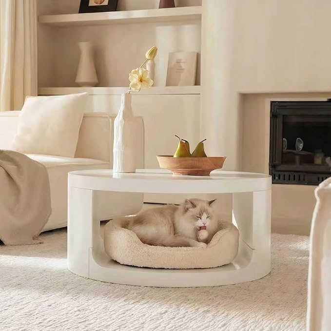 Veihaus Round Coffee Table with Storage, 31.5" Modern Living Room Table, 2 Tier Circle Wood Center Tables for Apartment, Living Room, Open-Style Storage White Coffee Tables, 31.5"*15.7" (White)