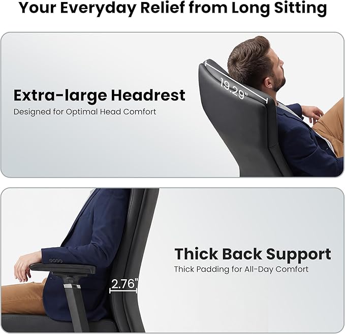 EUREKA ERGONOMIC Eris High Back Leather Desk Chair, Executive Computer Chair with Adjustable 4D Armrests and Large Headrest, Ergonomic Lumbar Support for Home Office, Black