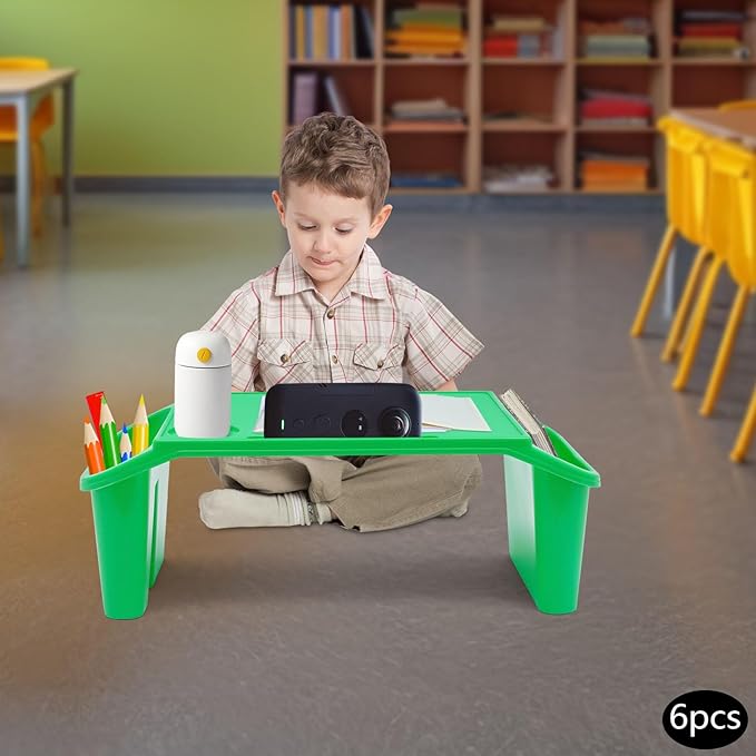 6 Pcs Kids Lap Desk Tray with Storage, 19.69 * 9.84 * 7.1in Desk Bulk Lap Table with Side Pockets and Slot, Portable Plastic Lap Bed Table for Writing Eating Game Classroom (Green)