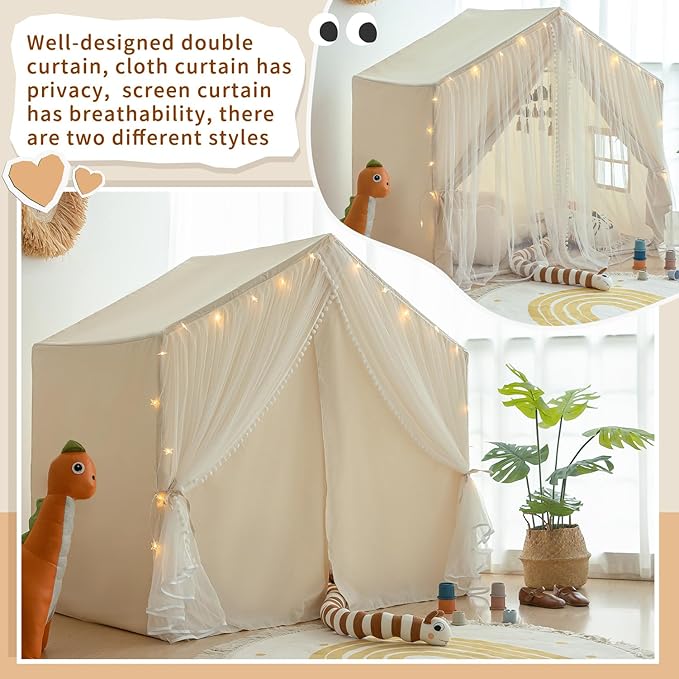 Kids Play Tent with Padded Mat, Kids Tents Indoor Playhouse for Toddler, Large Princess Castle Pompoms Play House Tent for Girl Bed Tents Toys for Boys Girl Birthday House Gift