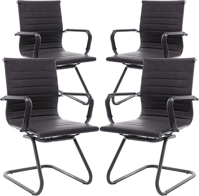 DM Furniture Office Desk Chair No Wheels Set of 4 PU Leather Computer Chairs Mid Back Guest Chairs for School Reception Conference Waiting Room, Vintage Charcoal