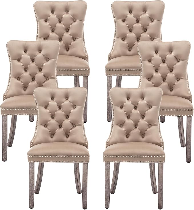 Kiztir Velvet Dining Chairs Set of 6, Upholstered Dining Room Chairs with Ring Pull Trim and Button Back, Luxury Tufted Dining Chairs for Living Room, Bedroom, Kitchen (Khaki)