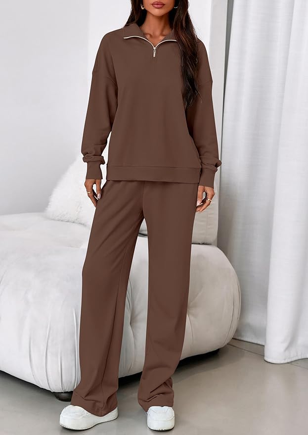 PRETTYGARDEN Womens Casual Two Piece Sets Fall 2026 Outfits Quarter Zip Sweatshirts Straight Leg Pants Sweatsuits Tracksuit