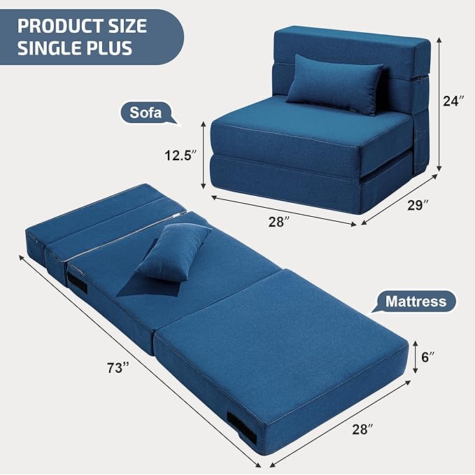 Folding Sofa Bed with Pillow- Convertible Chair Floor Couch & Sleeping Mattress, Foldable Memory Foam Sleeper for Living Room/Dorm/Guest Room/Home Office/Apartment/Loft, Single28,Navy Blue