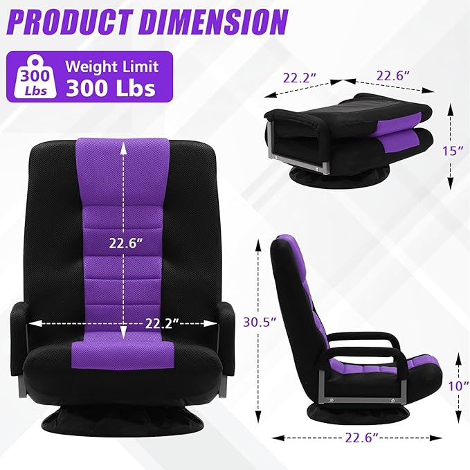 ACIPENSER Swivel Gaming Chair Multipurpose Floor Gaming Chair for Playing Video Games, TV, Reading w/Armrest Lumbar Support & 6 Adjustable Postion Backrest for Adults & Kids,Purple