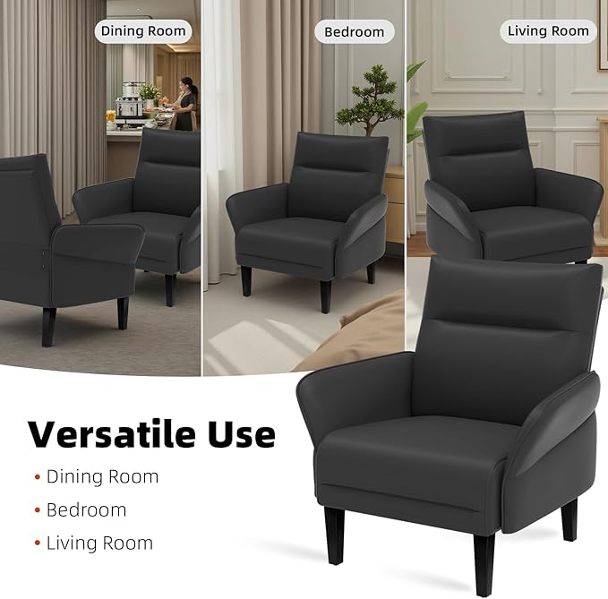 Modern Faux Leather Accent Sofa, Slanted Shawl Armchair with Wide Armrests & Wooden Legs, Black Sofa Chair for Living Room, Bedroom, Office