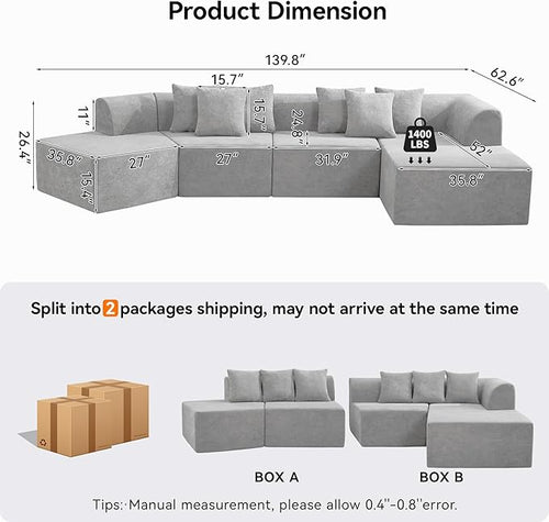 140''Oversized Cloud Velvet Curved Sectional Couch, Boneless Couch with L-Shape Chaise, Upholstered Compression Memory Foam Modular Sectional Sofa for Living Room, No Assembly Required, Grey