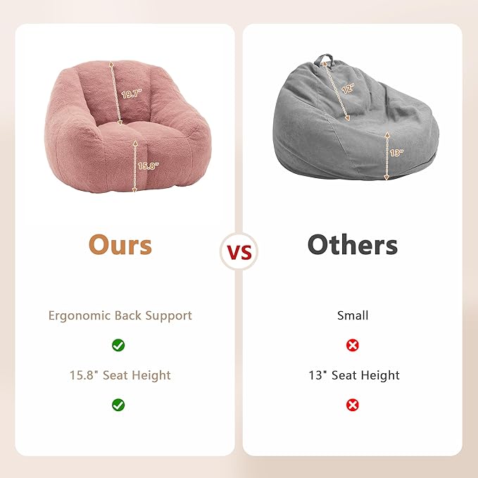 Setawix Bean Bag Chair with Filler, Comfy Teddy Bean Bag Chairs for Adults and Kids, Cozy BeanBag Sofa Fully Floor Couch with Memory Foam for Living Room Bedroom,Pink