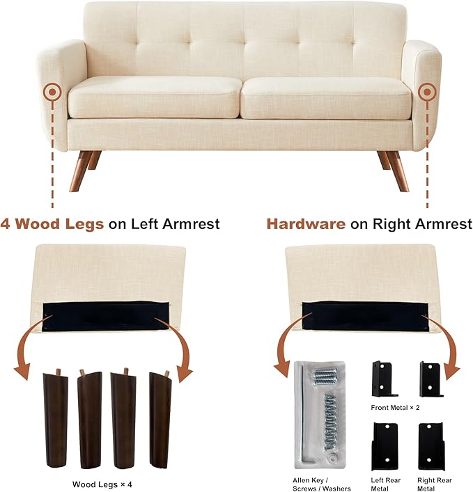 Tbfit 65" W Loveseat Sofa, Mid Century Modern Decor Love Seat Couches for Living Room, Button Tufted Upholstered Small Couch for Bedroom, Solid and Easy to Install Love Seats Furniture, Beige | linen fabric, button tufted, solid wood foot, pocket sprin...