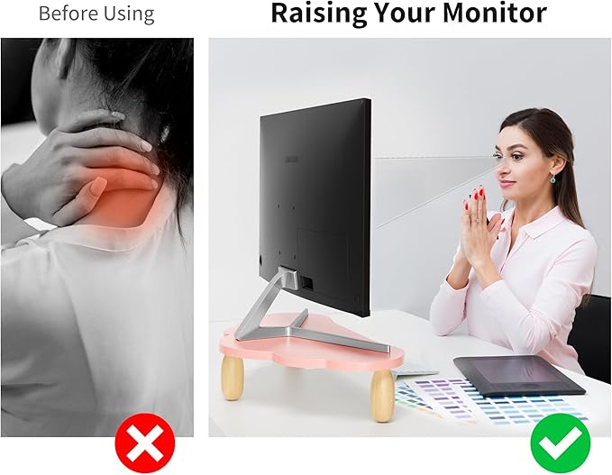 AFOOYO Monitor Stand Riser,Cloud-Shaped Sturdy Wood Computer Monitor Riser Wirh Drawer, Monitor Stand Riser, Multi-Purpose Desktop Organizer Riser for Computer,Laptop,Printer,TV,Pink