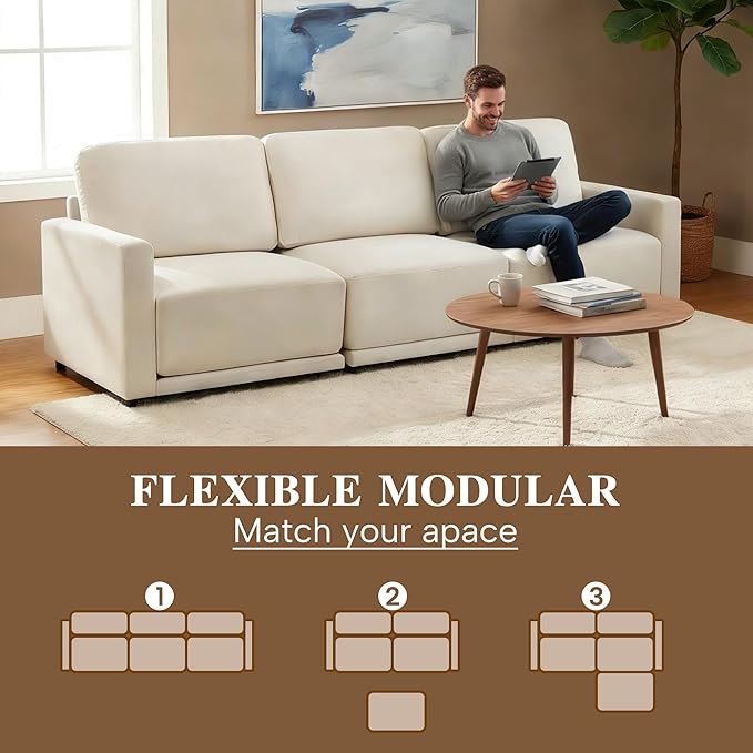 CAPCAPA Modular Sectional Couchs for Living Room, Modern Sofa Chenille Sofa Set for Apartment Home Furniture (Beige, 3 Seater)