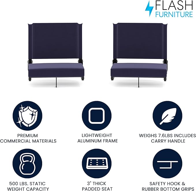Flash Furniture Grandstand Portable Stadium Seats for Bleachers or Benches, Folding Padded Stadium Chairs with Handle, Pack of 2, 500 lb. Weight Capacity, Navy