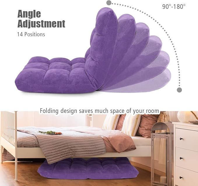 GOFLAME 14-Position Folding Floor Chair, Padded Gaming Lazy Sofa Chair with Adjustable Backrest, Couch Recliner, Sleeper Bed Lounge Chair for Reading, Gaming, Meditating (Purple)