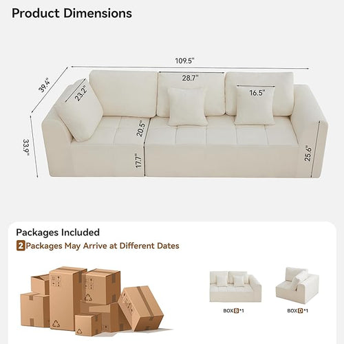 110''Modular Sectional Couches for Living Room, Cloud Boneless Compressed Sectional Sofa, Oversized 3 Seater Upholstered Memory Foam Sofa, No Assembly, Chenille Beige
