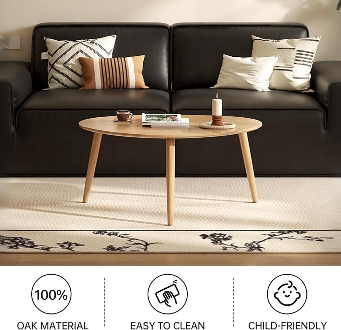 Wayshome Small Oval Coffee Table, Mid Century Modern Coffee Table for Living Room, 100% Solid Oak Wood Side Table End Tables for Home (Original Wood Color, 25.59''x17.51''x19.68'')