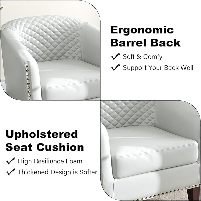 DREAMSIDEA Accent Barrel Chair, Upholstered Faux Leather Club Chair with Nailed Trim, Comfy Reading Armchair for Living Room Bedroom Reception Room Office (White, Set of 2)