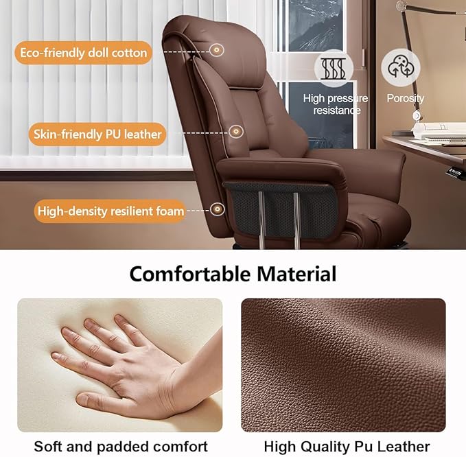 BTFYOU Big and Tall Office Chair with Armrests Executive Chair with Footrest and Spring Lumbar Support High Back Leather Ergonomic Chair Adjustable Height Tilt Lock for Business